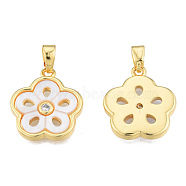 Natural Freshwater Shell Pendants, with Brass Pave Clear Cubic Zirconia Findings, Real 18K Gold Plated, Nickel Free, Flower Charm, Creamy White, 17x15x2mm, Hole: 2x4mm(KK-N233-418)