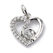 Brass Micro Pave Cubic Zirconia Charms, with Jump Ring, Heart with Family Charms, Platinum, 13x11.5x2mm, Hole: 3.2mm(ZIRC-F131-08P)