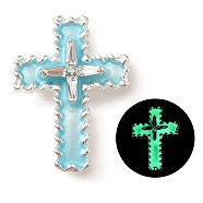 Luminous Alloy Resin Pendants, Glow in the Dark, Glass Cross Charms, Blue, 29x21x5.5mm, Hole: 1.5mm(RESI-D073-01C)