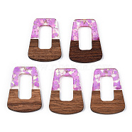 Transparent Resin & Walnut Wood Pendants, Trapezoid Charms with Heart Paillettes, Violet, 38x27x3mm, Hole: 2mm(RESI-N039-65A)