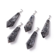 Natural Larvikite Pointed Pendants, with Platinum Plated Brass Loops, Bullet, 35.3~38x13~14mm, Hole: 6.5x2.8mm(G-I314-02P-10)