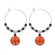 Halloween Theme Synthetic Turquoise Pumpkin Pendant Hoop Earring, Acrylic & Iron Beaded Hoop Earring, Orange Red, 47x41.5x4mm, Pin: 0.6mm(EJEW-JE05171)