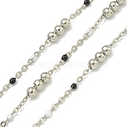 Brass Enamel Round Beaded Link Chain, Soldered, with Spool, Long-Lasting Plated, Cadmium Free & Lead Free, Platinum, Black, 12x3.5mm(CHC-G022-07P-10)