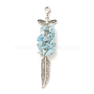 Natural Aquamarine Chips Cluster Pendant Decorations, Feather Lobster Clasp Charms, for Keychain, Purse, Backpack Ornament, 91~93mm(HJEW-JM00653-03)