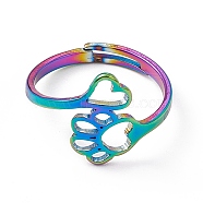 Ion Plating(IP) 201 Stainless Steel Heart & Dog Paw Prints Adjustable Ring for Women, Rainbow Color, US Size 6 1/4(16.7mm)(RJEW-K238-09M)