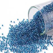 TOHO Round Seed Beads, Japanese Seed Beads, (188) Inside Color Luster Crystal/Capri Blue Lined, 15/0, 1.5mm, Hole: 0.7mm, about 3000pcs/bottle, 10g/bottle(SEED-JPTR15-0188)