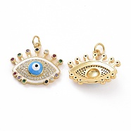Brass Micro Pave Colorful Cubic Zirconia Pendants, with Enamel and Jump Ring, Real 18K Gold Plated, Eye Charms, Deep Sky Blue, 19.5x23x5.5mm, Jump Ring: 5x0.8mm, Inner Diameter: 3.2mm(KK-E068-VF019)