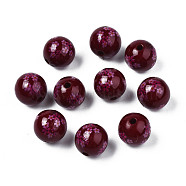 Opaque Printed Acrylic Beads, Round with Flower, Dark Red, 9x9.5mm, Hole: 1.8mm(MACR-T043-03D)