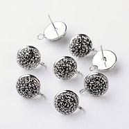 Half Round Brass Grade A Rhinestone Stud Earring Findings, with Loop, Platinum, 18x14x5~6mm, Hole: 2mm, Pin: 0.9mm(X-RB-O028-04)