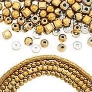 4 Strands 4 Styles Electroplated Non-magnetic Synthetic Hematite Beads Strands, Heishi Beads, Flat Round/Disc & Starcut Round & Faceted Cube & Round, Golden Plated, 6x6x1~6mm, Hole: 1~2mm, 1 strand/style(G-CW0001-12G)