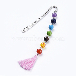 Chakra Jewelry, Alloy Bookmarks, with Natural/Synthetic Gemstone Beads, Cotton Thread Tassels, Pink, 146x14.5mm(AJEW-JK00151-02)
