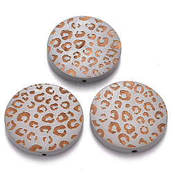 Painted Natural Wood Beads, Laser Engraved Pattern, Flat Round with Leopard Print, Silver Color Plated, 30x5mm, Hole: 1.6mm(X-WOOD-N006-07M)