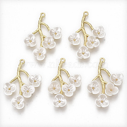 Alloy Pendants, with ABS Plastic, Branch and Leaves, White, Light Gold, 38x27~29x5.5mm, Hole: 2mm(X-PALLOY-R116-14)