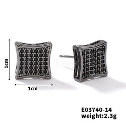 Chic Brass Cubic Zirconia Stud Earrings, Fashionable and Versatile Accessories, Square, Black, 10x10mm(ZD1304-6)