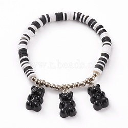 Polymer Clay Heishi Beads Stretch Charm Bracelets, with  Platinum Plated Iron Round Beads and Resin Bear Pendants, Black, Inner Diameter: 2-1/8 inch(5.5cm)(BJEW-JB05767-03)