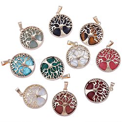 10Pcs 10 Style Natural & Synthetic Gemstone Pendants, with Brass Findings, Flat Round with Tree of Life Charm, Mixed Dyed and Undyed, Golden, 30.5x27x8mm, Hole: 7x3mm, 1pc/style(G-SZ0002-16G)
