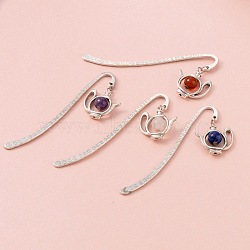 Antique Silver Plated Alloy Bookmarks, with Alloy Teapot Pendants and Mixed Gemstone Round Beads, 84x4mm(X-AJEW-JK00094)