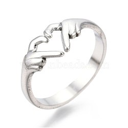 Non-Tarnish 304 Stainless Steel Hand Heart Cuff Rings, Open Rings for Women Girls, Stainless Steel Color, US Size 6(16.7mm)(RJEW-N038-121P)