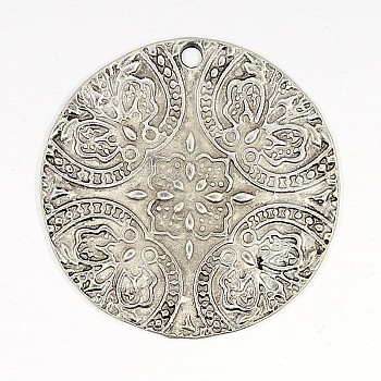 Tibetan Style Pendants, Lead Free, Flat Round, Antique Silver, Size: about 40mm in diameter, 2mm thick, hole: 2mm.