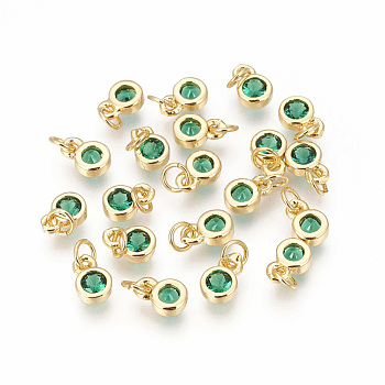 Brass with Single Cubic Zirconia Charms, Single Stone Charms, Flat Round, Golden, Green, 6.5x4.5x2mm, Hole: 2.5~3mm
