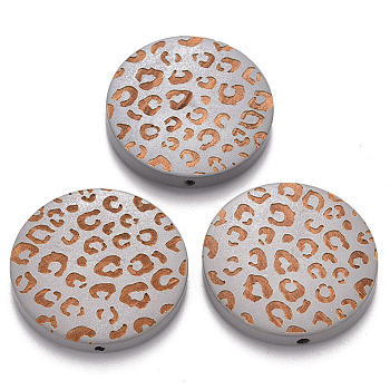 Painted Natural Wood Beads, Laser Engraved Pattern, Flat Round with Leopard Print, Silver Color Plated, 30x5mm, Hole: 1.6mm
