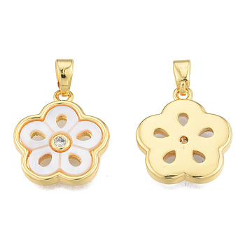 Natural Freshwater Shell Pendants, with Brass Pave Clear Cubic Zirconia Findings, Real 18K Gold Plated, Nickel Free, Flower Charm, Creamy White, 17x15x2mm, Hole: 2x4mm