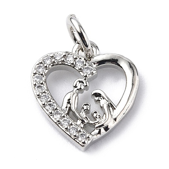 Brass Micro Pave Cubic Zirconia Charms, with Jump Ring, Heart with Family Charms, Platinum, 13x11.5x2mm, Hole: 3.2mm