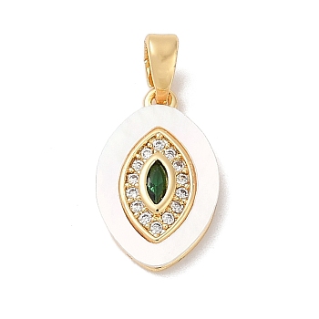 Brass Micro Pave Cubic Zirconia Pendants, with Shell, Oval Charms, Dark Green, 16x10x3mm, Hole: 4x2mm