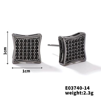 Chic Brass Cubic Zirconia Stud Earrings, Fashionable and Versatile Accessories, Square, Black, 10x10mm