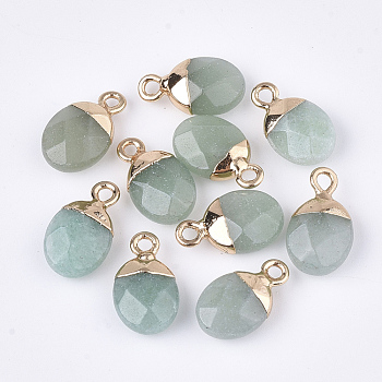Electroplate Natural Green Aventurine Charms, with Iron Findings, Faceted, Oval, Golden, 14~15x8x5~5.5mm, Hole: 1.8mm