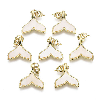 Brass Peg Bails Pin Pendants, For Half Drilled Beads, with Cellulose Acetate(Resin) and Jump Ring, Nickel Free, Fish Tail, Real 18K Gold Plated, 15x14.5x4mm, Hole: 3mm