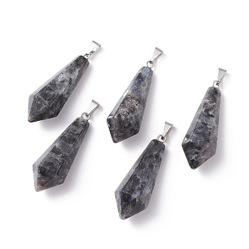 Natural Larvikite Pointed Pendants, with Platinum Plated Brass Loops, Bullet, 35.3~38x13~14mm, Hole: 6.5x2.8mm