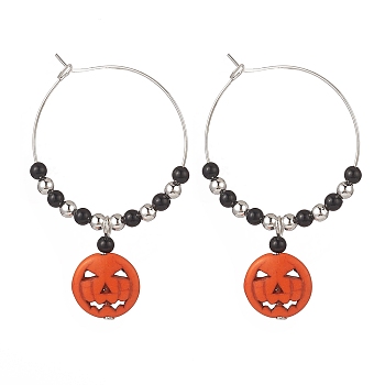 Halloween Theme Synthetic Turquoise Pumpkin Pendant Hoop Earring, Acrylic & Iron Beaded Hoop Earring, Orange Red, 47x41.5x4mm, Pin: 0.6mm