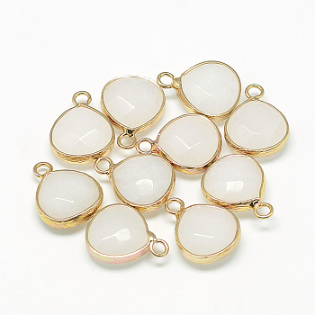 Natural White Jade Pendants, with Nickel Free Brass Findings, Faceted, Dyed, teardrop, Golden, Creamy White, 17.5x13.5x6.5mm, Hole: 2mm
