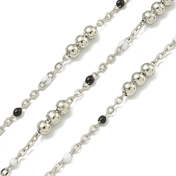 Brass Enamel Round Beaded Link Chain, Soldered, with Spool, Long-Lasting Plated, Cadmium Free & Lead Free, Platinum, Black, 12x3.5mm