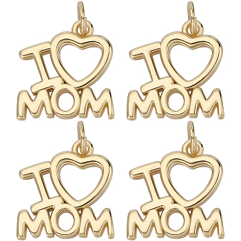 8Pcs Mother's Day Rack Plating Brass Charms, with Jump Ring, Cadmium Free & Lead Free, Long-Lasting Plated, Word I Love Mom Charm, Real 18K Gold Plated, 14.5x14.5x1.5mm, Hole: 3.2mm