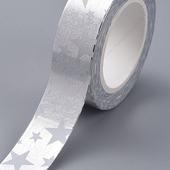 Foil Masking Tapes, DIY Scrapbook Decorative Paper Tapes, Adhesive Tapes, for Craft and Gifts, Star, Silver, 15mm, 10m/roll