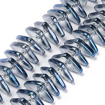 Electroplate Glass Beads Strands, Triangle, Marine Blue, 9x15.5~16x2.8~3mm,Hole:1mm, about 119~131pcs/strand, 24.21''~24.41''(61.5~62cm)