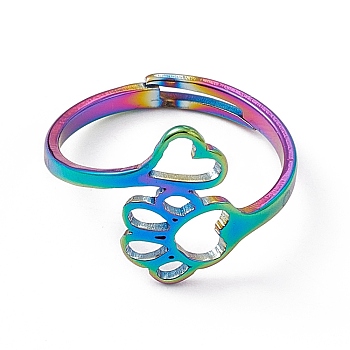 Ion Plating(IP) 201 Stainless Steel Heart & Dog Paw Prints Adjustable Ring for Women, Rainbow Color, US Size 6 1/4(16.7mm)