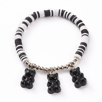 Polymer Clay Heishi Beads Stretch Charm Bracelets, with  Platinum Plated Iron Round Beads and Resin Bear Pendants, Black, Inner Diameter: 2-1/8 inch(5.5cm)