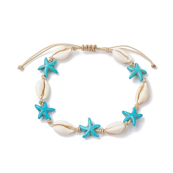 Natural Shell & Synthetic Turquoise Braided Bead Anklets, Starfish, Inner Diameter: 1-7/8~3 inch(4.7~7.5cm), Starfish: 14~15x14~15mm
