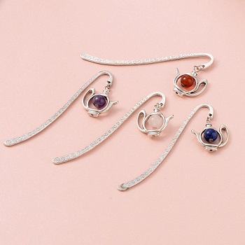 Antique Silver Plated Alloy Bookmarks, with Alloy Teapot Pendants and Mixed Gemstone Round Beads, 84x4mm