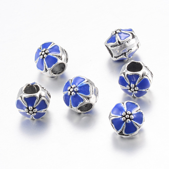 Alloy Enamel European Beads, Large Hole Beads, Rondelle with Flower, Antique Silver, Blue, 9.5x9mm, Hole: 4~4.5mm