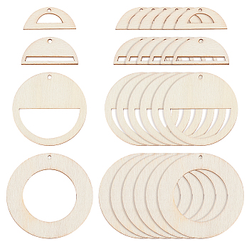 CHGCRAFT Laser Cut Wooden Big Pendants, Ring & Flat Round & Haf Round, Mixed Color, 120pcs/bag