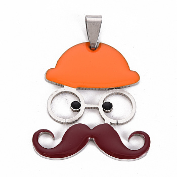 201 Stainless Steel Enamel Pendants, Human with Mustache and Hat, Dark Orange, 35x31.5x2mm, Hole: 8x4mm