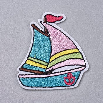 Computerized Embroidery Cloth Iron on/Sew on Patches, Costume Accessories, Appliques, for Backpacks, Clothes, Ship, Colorful, 58x49x1.5mm