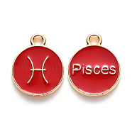 Alloy Enamel Pendants, Cadmium Free & Lead Free, Flat Round with Constellation, Light Gold, Red, Pisces, 22x18x2mm, Hole: 1.5mm(X-ENAM-S124-01A-07H)