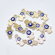 Light Gold Plated Alloy Charms, with Enamel, Religion, Hamsa Hand/Hand of Fatima /Hand of Miriam with Evil Eye, Blue, 14.5x8x2.5mm, Hole: 1.8mm(ENAM-S117-28B)