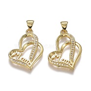 Brass Micro Pave Clear Cubic Zirconia Pendants, with Snap on Bails, for Mother's Day, Long-Lasting Plated, Heart with Word Mom, Real 18K Gold Plated, 25.5x18x1.5mm, Hole: 5mm(ZIRC-A011-07G)