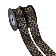 Polyester Satin Ribbon, with Single Face Golden Hot Stamping, Mermaid Fish Scale Pattern, Black, 1"(25mm), 10yards/roll(9.14m/roll)(OCOR-TAC0001-09)